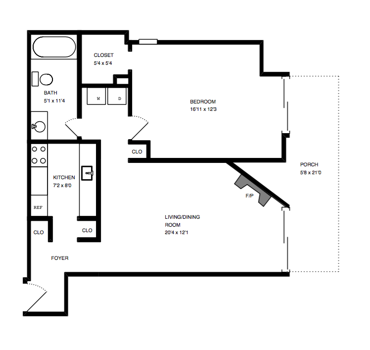 Floor plan for 1 bed, 1 bath, 607 sqft